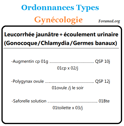 Ordonnances Types Leucorrhee jaunatre ecoulement urinaire